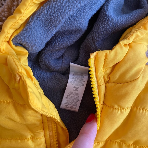 Fleece lined yellow Little Me puffer vest in 18 months - Picture 2 of 6